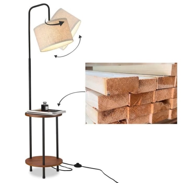 KIWAEZS Golvlampa - Trä och metall - H.165 cm med sidobord - för vardagsrum eller sovrum