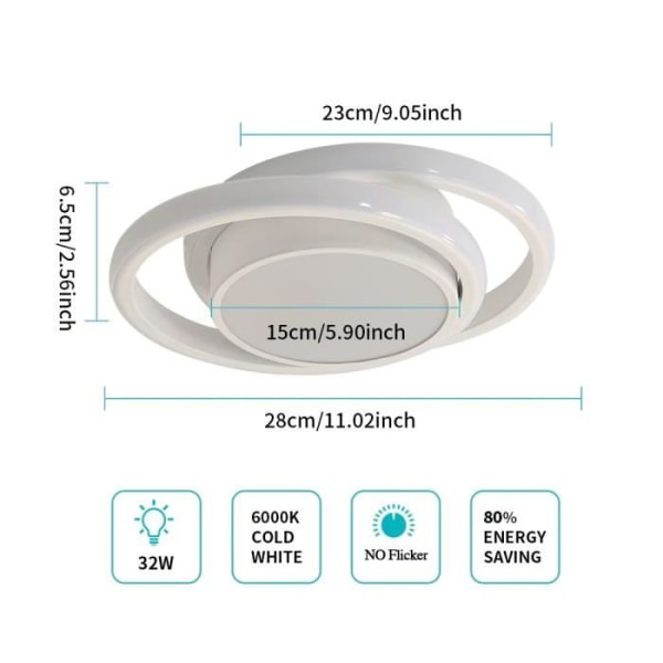 KIWAEZS Modern LED Taklampa 32W 6000K 2 Ringar Vit Taklampa för Vardagsrum Sovrum Balkong