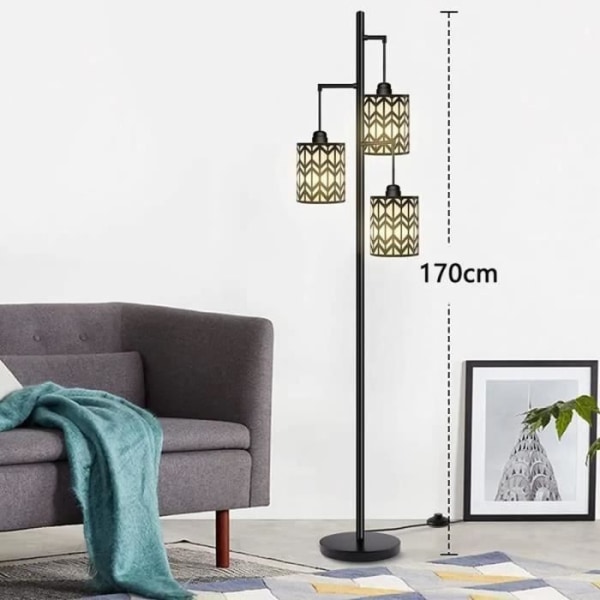 Industriell golvlampa, golvlampa i vardagsrummet med 3 lampskärmar, fotkontakt, E27 (glödlampa ingår ej)