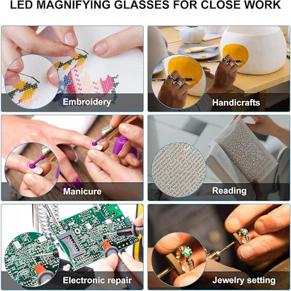 180% forstørrelsesglas med genopladeligt LED-lys - Kraftige forstørrelsesglas - Håndfri briller til nærarbejde, håndværk, juvelerer, læsning, hobby