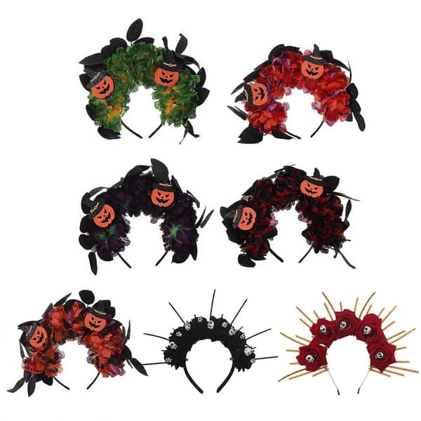 Håndlavet 3D Blomsterpandebånd - Græskar- og Heksedekor - til Halloweenfest D