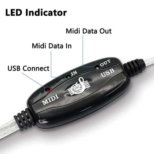 USB MIDI-kabeladapter, USB typ A hane till MIDI DIN 5-polig in-ut-kabelgränssnitt med LED-indikator, som visas