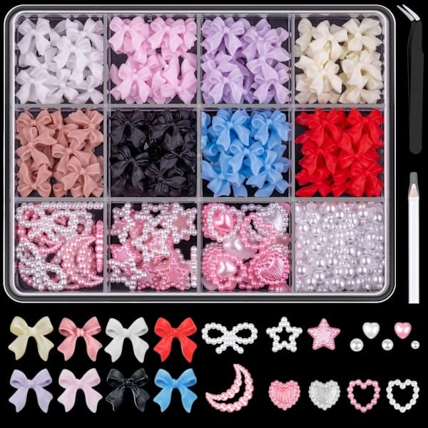 3D Neglecharms og Flade Perler Sæt 1, 8 Farver Neglesløjfer Charms + Pink & Hvid Stjerne Hjerte Måne Søde Neglesmykker + 2-4mm