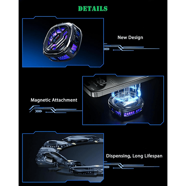 Magnetisk Mobiltelefonkylare, RGB Telefonkylande Fläkt Bärbar Lätt Mobiltelefonkylande Fläkt, Telefonkylare med Större Kylningsyta för Telefon/Surfplatta