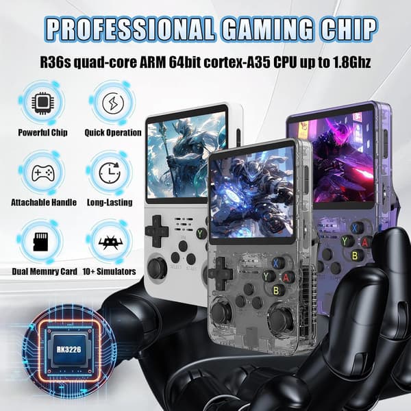 R36S Retro Handheld Game Console with 3.5-inch IPS Screen, 64GB TF Card Pre-installed with 10,000+ Games, Open Source Linux System, Blue Blue