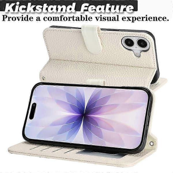 Kompatibel med iPhone 17 Stativfodral Litchi Textur Äkta Kohud Plånboksfodral RFID QHHJV White