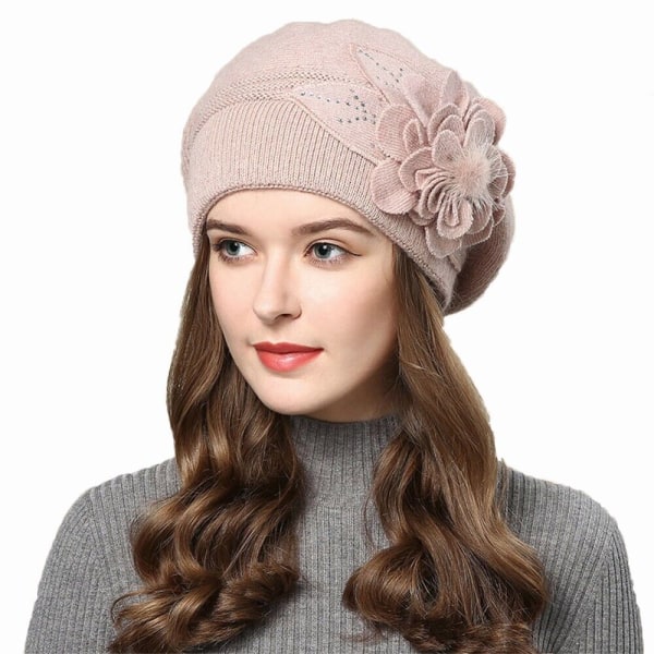 Winter Warm Flowers Hats Women Knitted Beanies Rabbit Fur Wool Hat Light Khaki