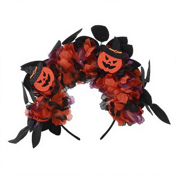 Håndlavet 3D Blomsterpandebånd - Græskar- og Heksedekor - til Halloweenfest E
