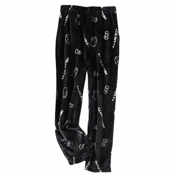 Piirretty HelloKitty Flanelli Pyjama Naisille - Pehmeä ja Paksu Lämpöpyjama - Musta - Valkoinen M M Black - White