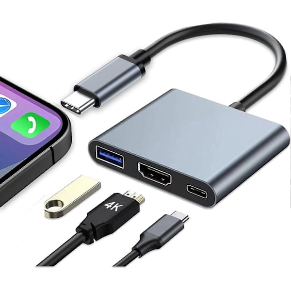 USB C til HDMI Multiport Adapter, USB C Hub, USB C til USB Adapter med 4K HDMI+ USB 3.0 5Gbps
