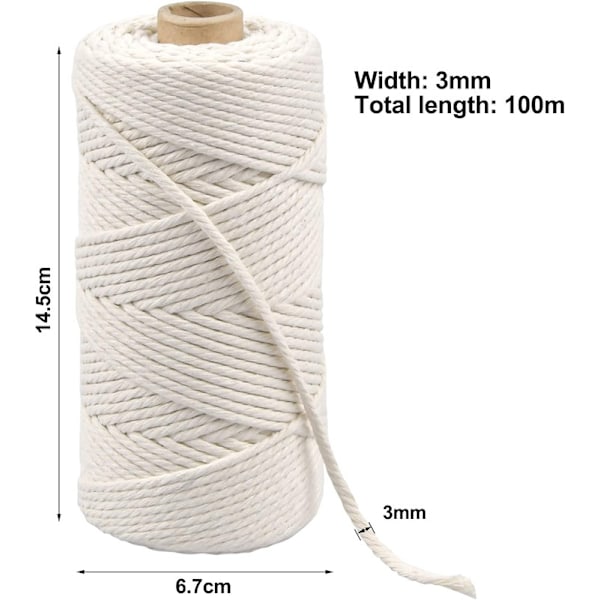 100M Hvit Makramé Bomullsrep, 3mm Jute Bomullsgarn, Bomullsmakramétråd, Snorgarn, Flettet Repgarn for Gaveinnpakning Strikking Dekorasjon