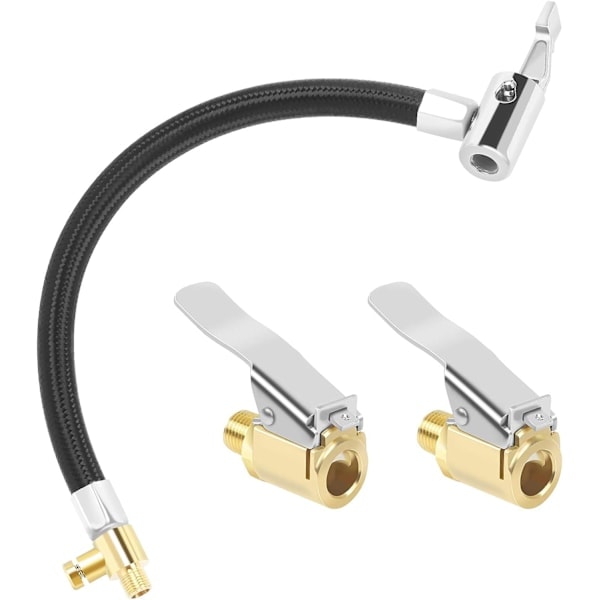 Schrader-venttiililetku polkupyörän pumppuun, jatkoletku rengaspumppuun (20 cm), uros-kumiletku rengaspumppuun ja 2 kpl auton adapteriventtiilejä