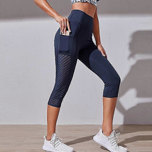 Sportsshorts Cropped Bukser Kvinde Fitness Nøgenhed Høj Talje Hofte Løft Løb Yoga Sidelommer Tights Hurtigtørrende Gym Sportstøj Navy blue L