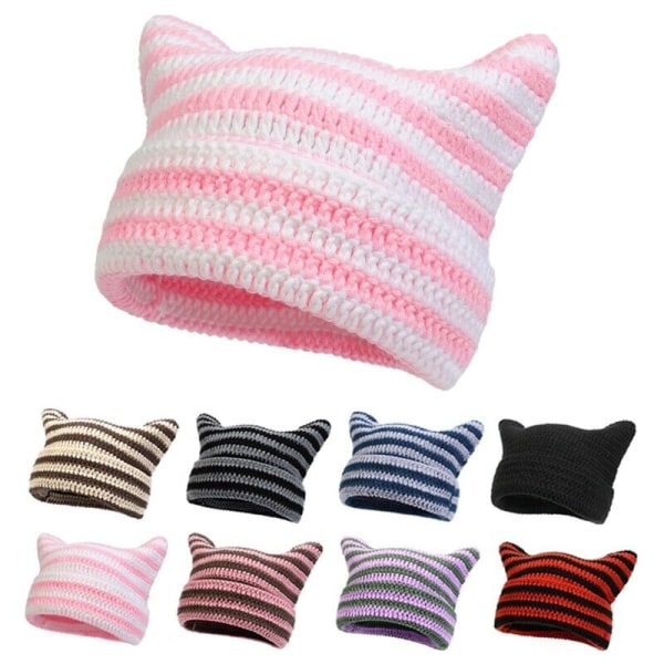 Crochet Hats for Women Stripe Cat Ear Cap Winter Warm Beanie Hat Unisex Headwear