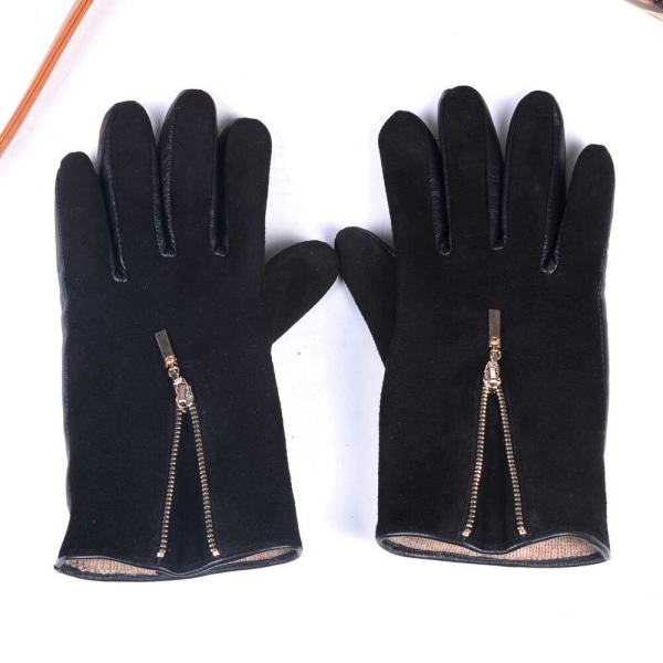 Men's Real Leather Black Winter Warm Zipper woolen lining Driving Short Gloves