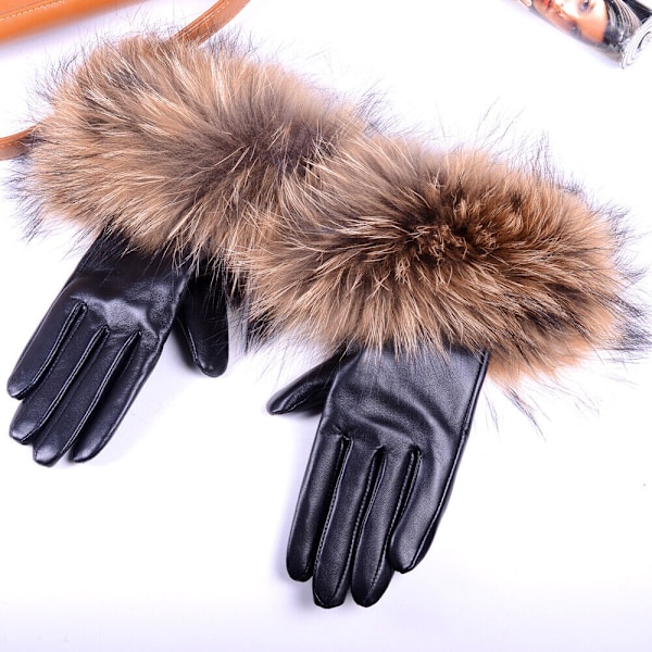 Women's Winter Warm 100% Real  Raccoon Fur Leather Touch Screen Lambskin Gloves