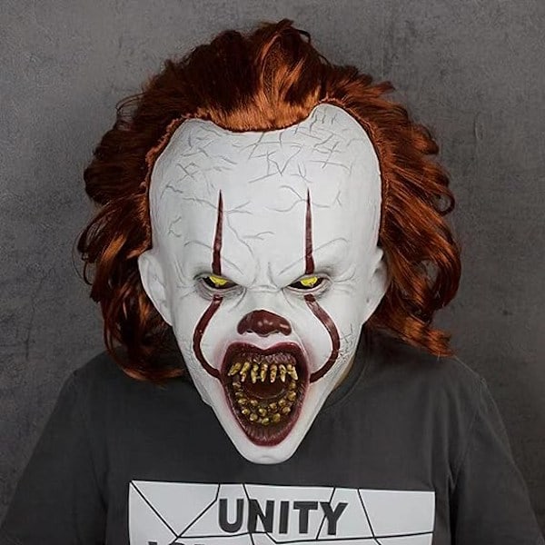 Läskig clownmask för Pennywise It Cosplay, LED-upplyst skräckmask med hår, Halloween latex vuxen