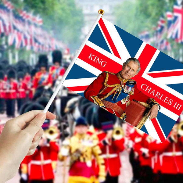 10 stk. King Charles III håndviftningsflag, King Charles III Union Jack Coronation Souvenir håndviftningsflag, Union Jack håndviftningsflag Mini flag 14X21cm