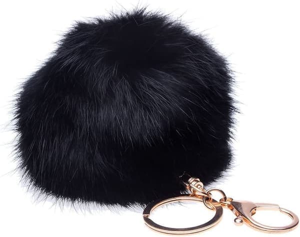 Furry Pompom Nøglering, Blød at Røre Ved (Sort)