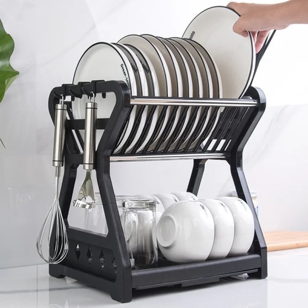 New Double-layer Kitchen Dish Bowl Draining Storage Rack with Chopstick Cage Household Tableware Organizer Tray Box Basket