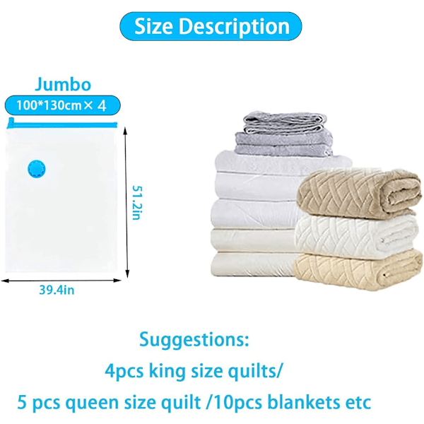 Vakuumförvaringspåsar 4-pack 130x100 cm Jumbo Lufttäta Utrymmeskompressionspåsar Dubbeldragkedja