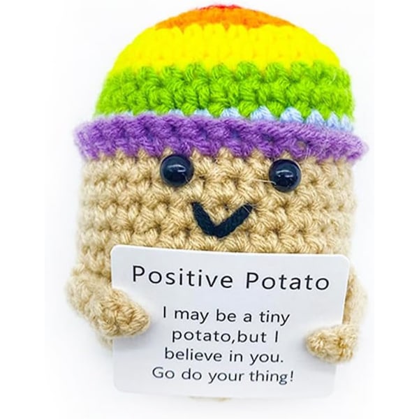 Funny Positive Doll, Mini Potato Crochet with Positive Card Cute Potato with Rainbow Hat for Office Decoration Emotional Support