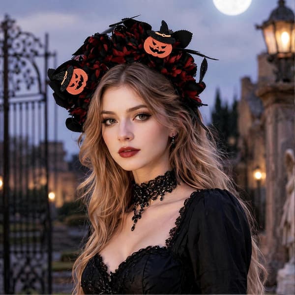 Håndlaget 3D Blomsterhårbånd - Gresskar- og Heksedekor - til Halloweenfest E
