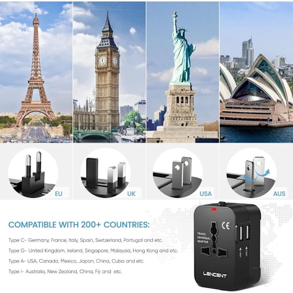 Rejseadapter, Universal /EU/US/AU-stik International Rejse Stikdåse med 2 USB-porte til over 200 lande