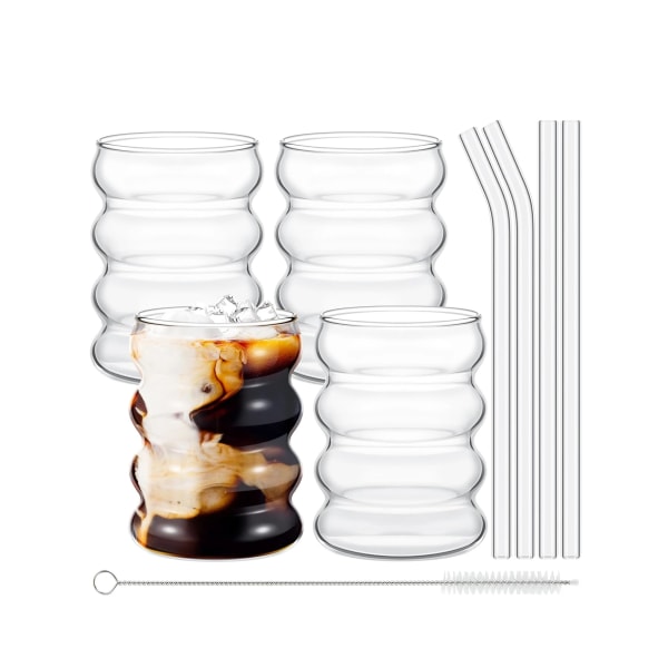 Leeseph 4Pcs Creative Glass Cups Coffee Mug Vintage Drinking Glasses Ribbed Glassware Aesthetic Cups with Straws Set