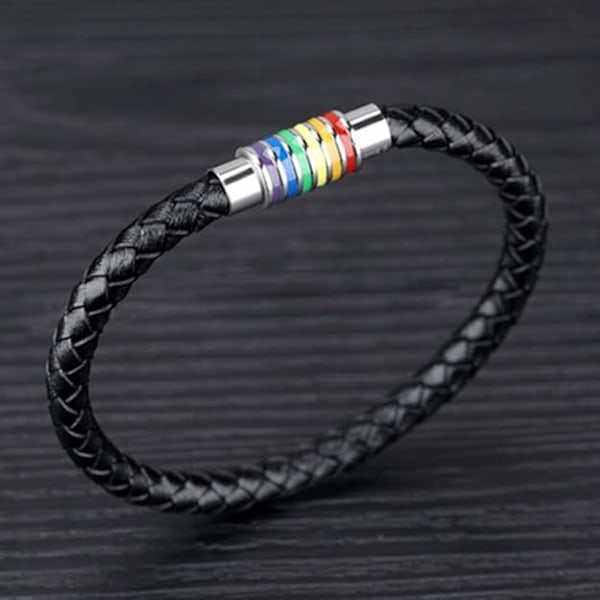 Flettet læderarmbånd sort armbånd, rustfrit stål, regnbuearmbånd LGBT Pride Happy Pride, mænd kvinder unisex