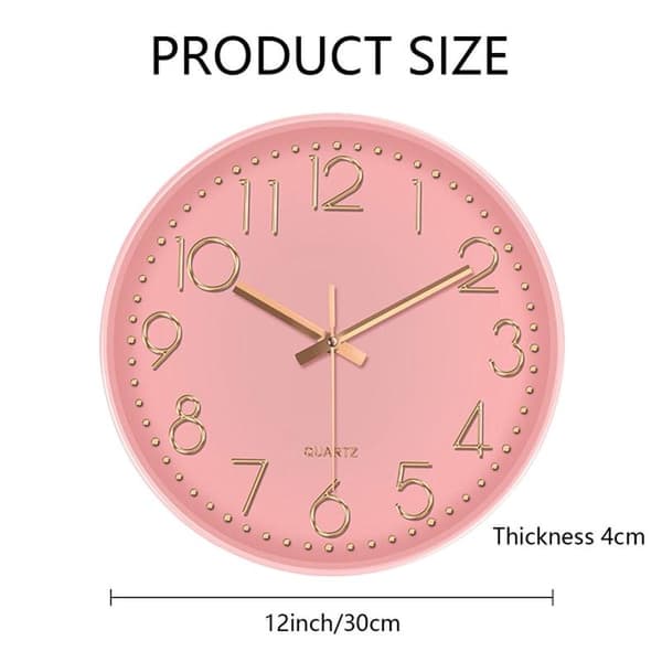 Wall Clock Silent Non-Ticking Battery Operated Round Modern Pink