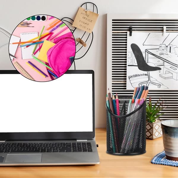Black 2-pack Pen Holder - Round Mesh Pen Organizer with 3 Compartments for Office, Home, School