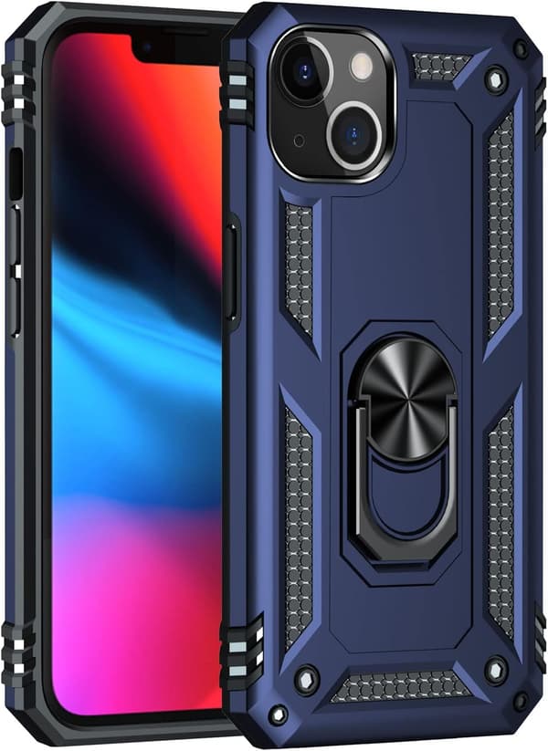 Deksel til iPhone 13, støtsikkert deksel med roterende ringstativ for Apple iPhone 13 marineblå