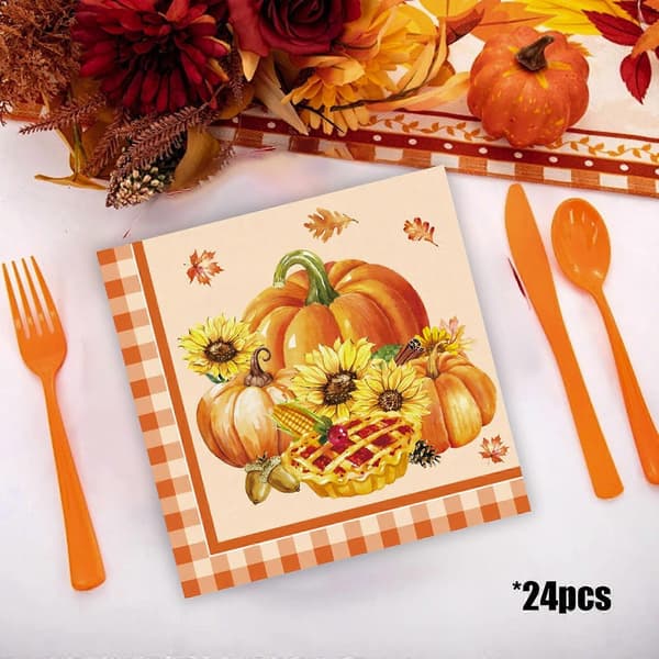 Thanksgiving servietter, 24-pakning høstgresskar-trykte papirservietter, høstløvdesign, engangs festservietter til høytidsmiddager, bord