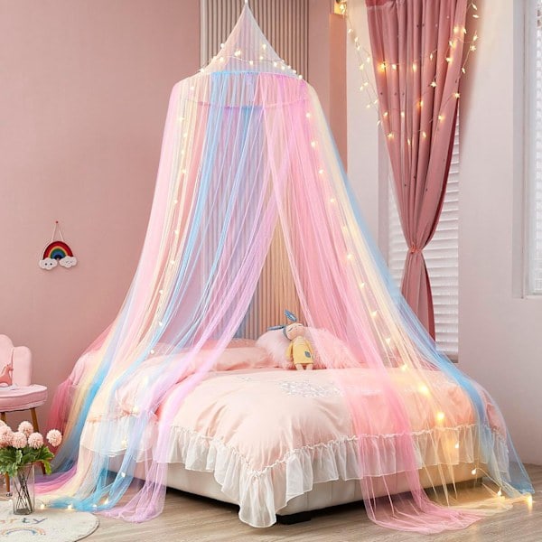 Regnbuehimmel for jenter, sengehimmel med lys, sengehimmel for jenterom, myggnett for seng, dobbeltseng, enkeltseng, queen size