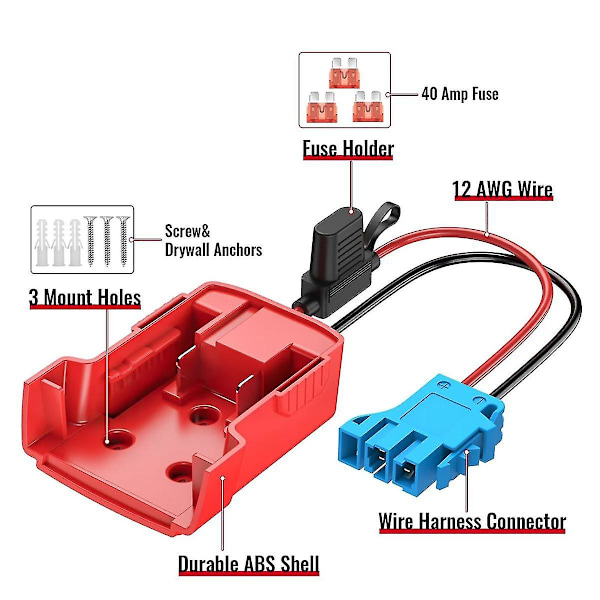 Power Wheels -sovitin akulle, johtosarjan liittimellä, 12AWG-johdolla ja 40A sulakkeella Peg-Perego-ajoneuvoille