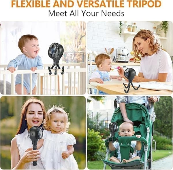 Flexible Stroller Fan - Portable Fan with Battery, Rechargeable with 3 Speeds, for Stroller, Bed or Office black