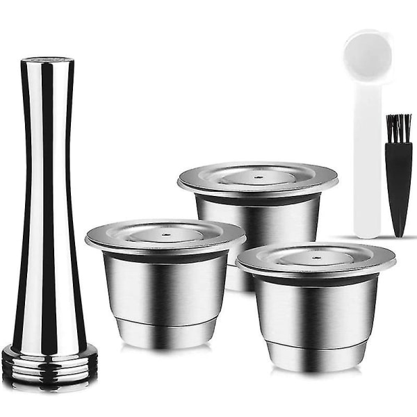 Capsules Reusable, Stainless Steel, 3 Pieces Refillable Pads For Nespresso + 1 Tamper + 1 Spoon + 1