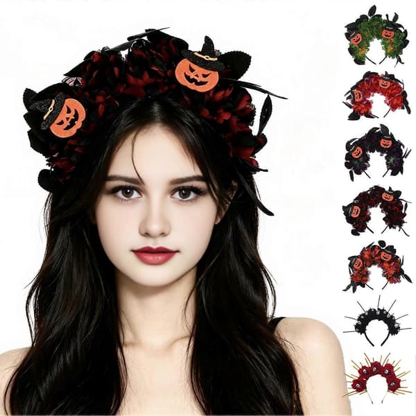 Håndlavet 3D Blomsterpandebånd - Græskar- og Heksedekor - til Halloweenfest E