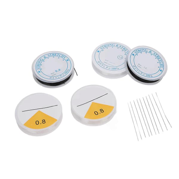 Elastiksnor og perlenålesæt, 5 ruller elastisk snor 0,8 mm 1 mm klar sort og 10 stk. perlenåle