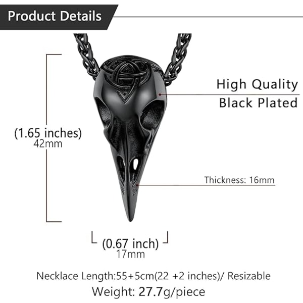 Riipus kaulakoru miehille naisille, Raven Bird Skull Celtic Knot Talisman Viking korut, ketjun pituus 22"-24" musta