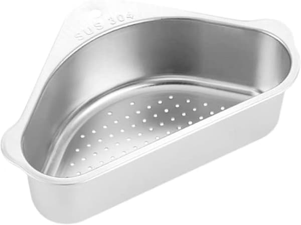 Sink Strainer Basket, Triangular Sink Strainer Basket Storage Rack Suction Cup, Sink Corner Hanging Basket Shelf Sink Basket for Kitchen Silver