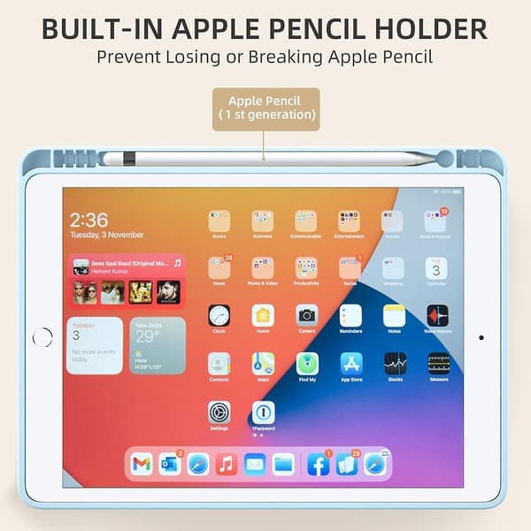 Case Compatible with iPad 10.2 Inch iPad 9th/8th Generation & iPad 7th Generation with Pencil Holder, Protective Case with Soft TPU Back, Sky Blue...