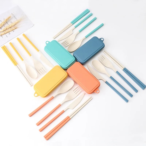 4PCS Portable Dinnerware Set Eco-friendly Wheat Straw Tableware Detachable Knife Fork Spoon Foldable Travel Cutlery Utensil Box