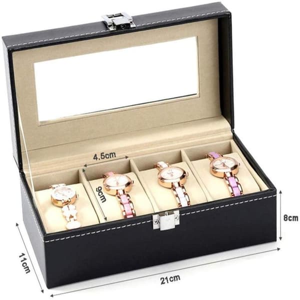 Watchbox Klockbox til 4 ure sort med hvid syning og vindue