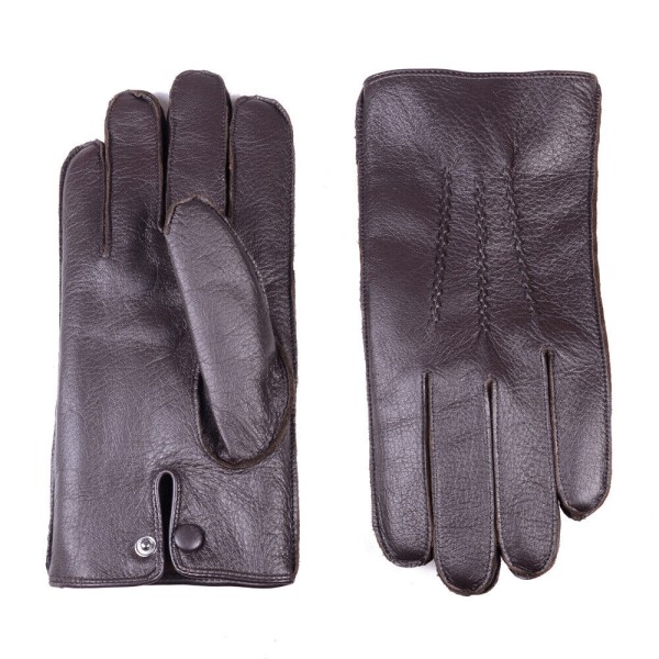 Men's Real Leather Soft Deerskin Wrist Button Winter Warm Outdoor Short Gloves