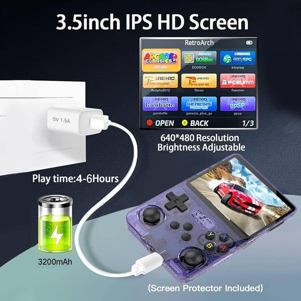 R36S Retro Handheld Gaming Console with 3.5-inch IPS Screen, 64GB TF Card Pre-installed with 10,000+ Games, Open Source Linux System, Purple Purple