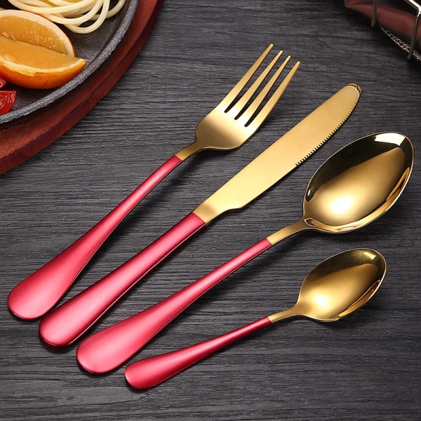 4pcs Red Gold Painted Cutlery Tableware Set 18/10 Stainless Steel Luncher Dinnerware Set Mirror Forks Spoons Knifes Dinner Set