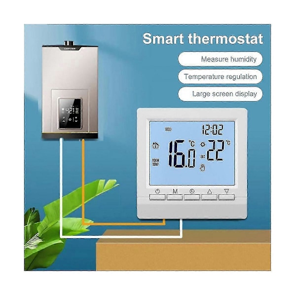 Termostaatti taustavalaistulla LCD-näytöllä seinälle, huoneen lämmönsäädin - valkoinen valo