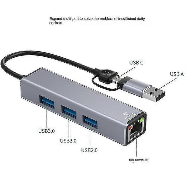 USB-johdollinen 100 Mbps RJ45 Type-C 3.0 -erotin USB Ethernet -sovitin USB3.0-keskitin telakka